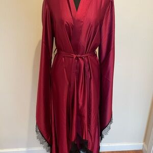 Killstar Deep Red Satin Robe with Black Lace